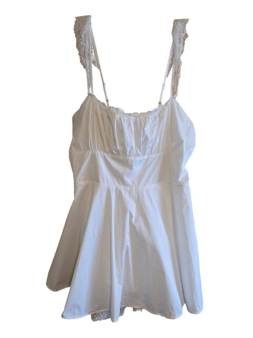 White Lace Trim Adj Strap Babydoll Top Back lace-up Tie sweetheart shower plus